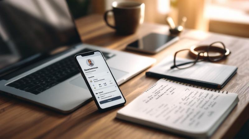 Smartphone mit geöffnetem LinkedIn-Profil neben Laptop, Notizbuch und Kaffeetasse auf einem Holzschreibtisch