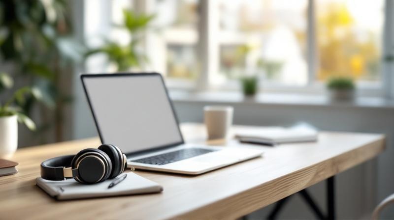 Aufgeräumter Schreibtisch mit Kopfhörern neben einem Laptop, klare Linien, Tageslicht