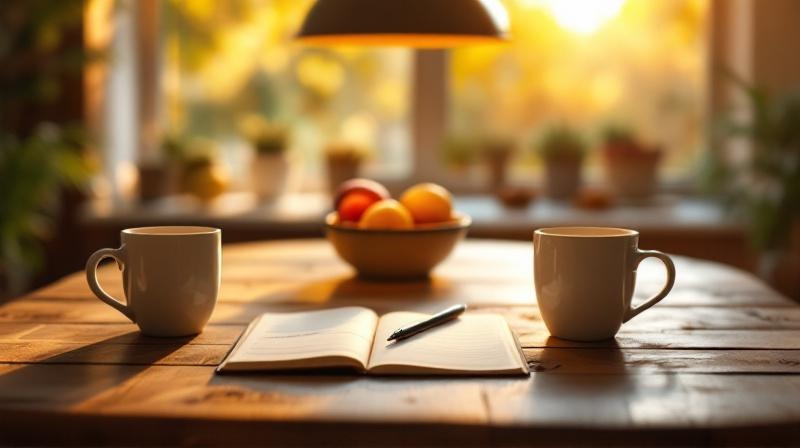 Zwei Kaffeetassen auf einem Küchentisch, Abendlicht durch das Fenster