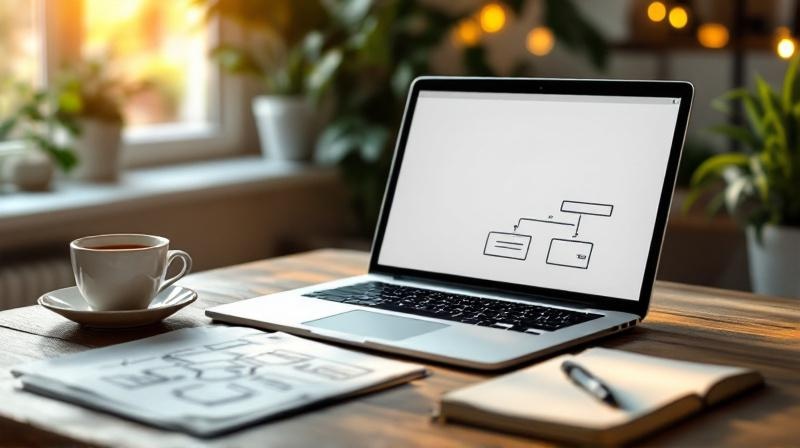 Laptop mit offenem Notion-Dokument, daneben ein Notizbuch mit Skizze eines Workflows