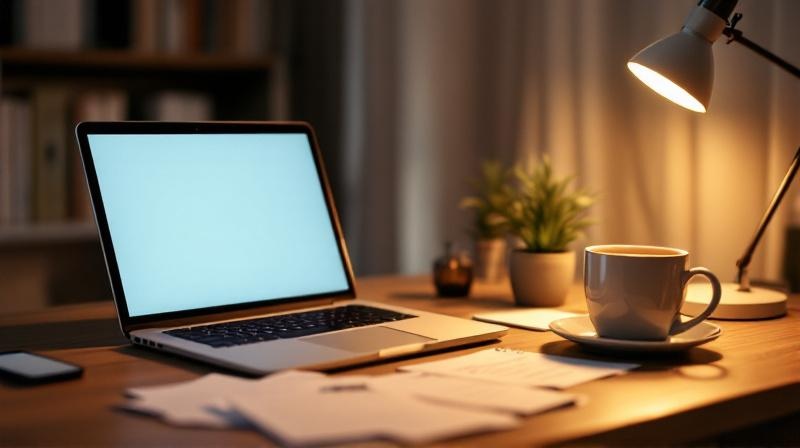 Schreibtisch mit Lernunterlagen, Laptop und Kaffeetasse, Abendlicht von der Seite