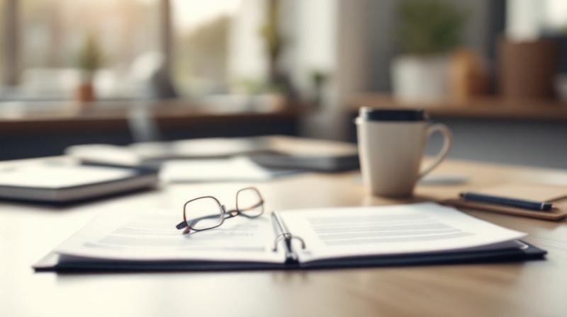 Schreibtisch in einem Büro mit offenem Ordner, Brille und einer Tasse Kaffee vor einem Fenster mit Tageslicht