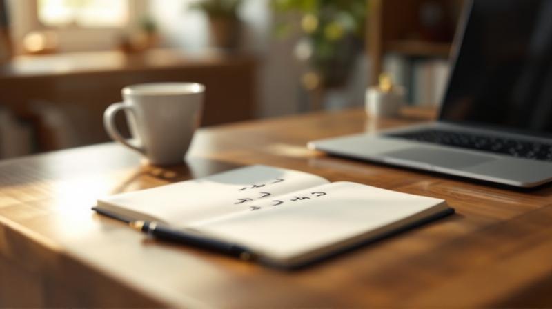 Notizblock mit handschriftlicher Liste aus sieben Fragen, daneben ein Kugelschreiber und ein geöffneter Laptop
