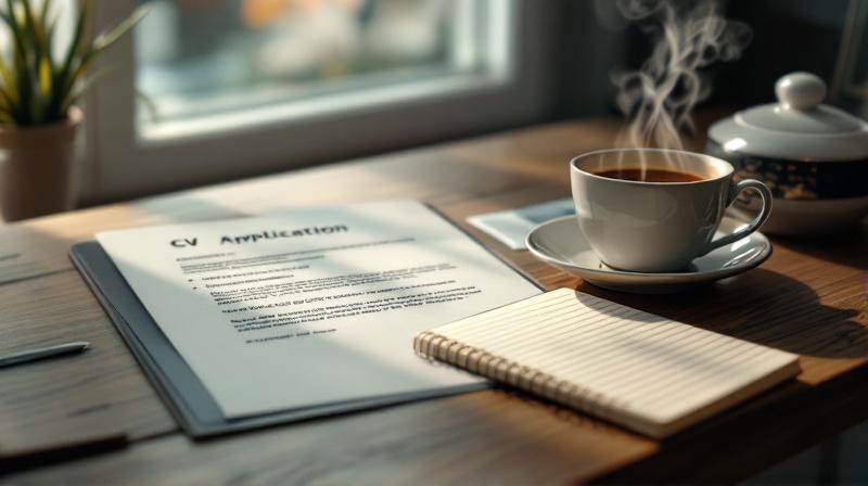 Aufgeschlagener Bewerbungsordner mit Lebenslauf, Tasse Tee und Notizblock auf einem Schreibtisch am Fenster
