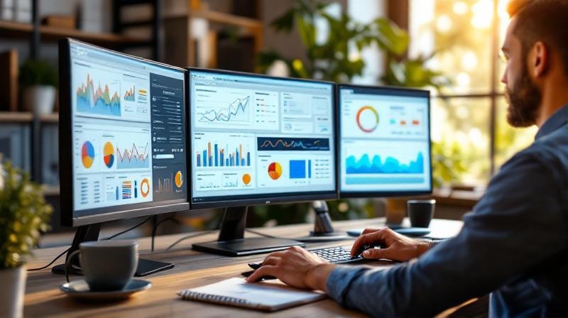 Büroarbeitsplatz mit drei Monitoren, eine Person analysiert Daten und Dashboards im warmen Nachmittagslicht