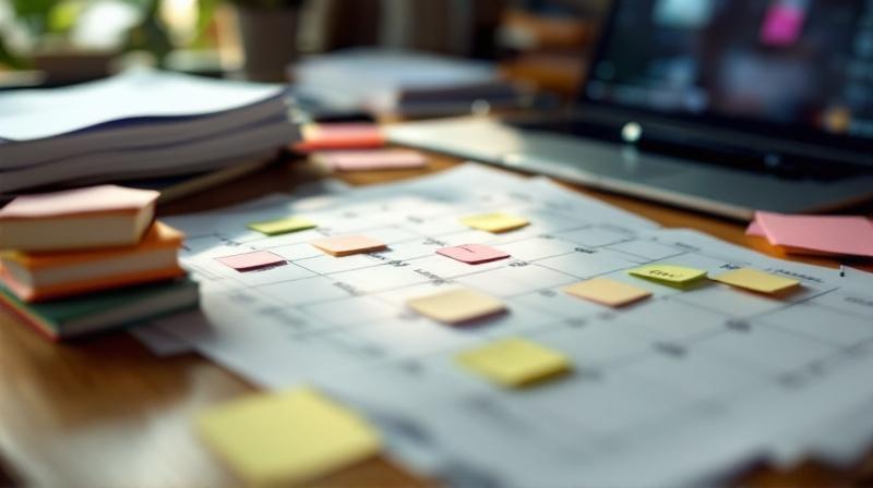 Stapel handschriftlicher Notizen neben einem Laptop, daneben ein liegender Kalender