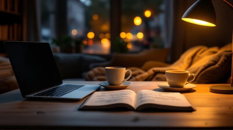 Wohnzimmertisch am Abend mit Laptop, Notizbuch und einer Tasse Tee, weiches Lampenlicht