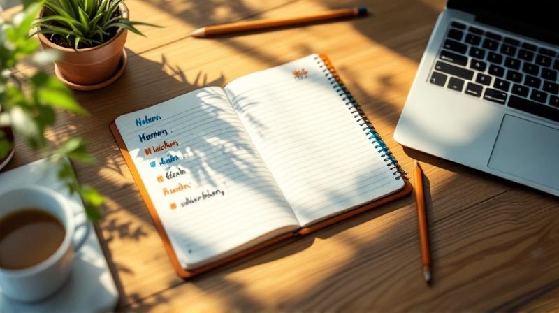 Handgeschriebener Wochenplan auf liniertem Papier neben einem Laptop, warmes Morgenlicht