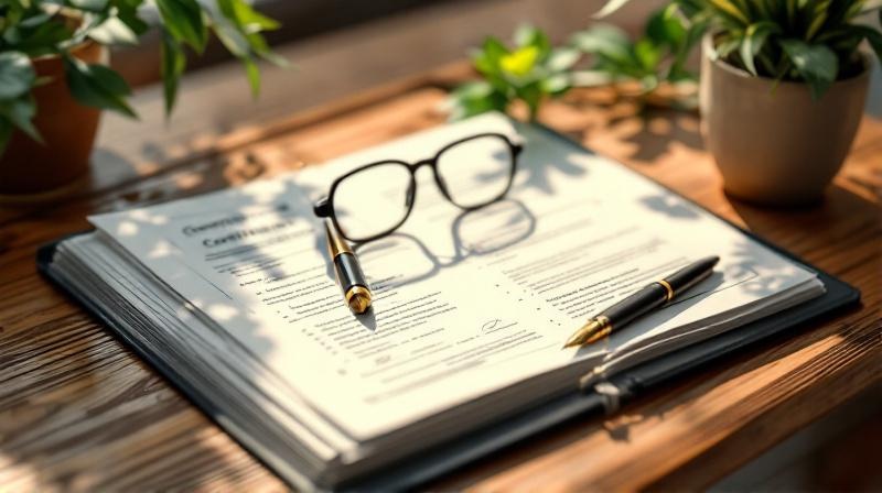 Ein Ordner mit Zertifikatsdokumenten auf einem Holzschreibtisch, daneben eine Brille und ein Füller